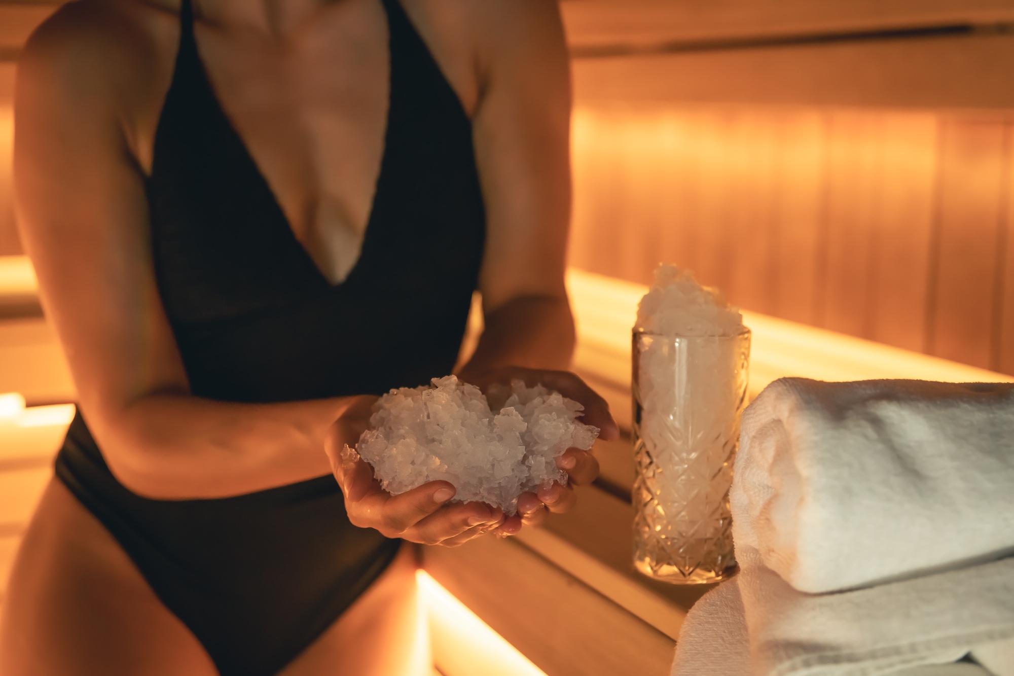 Woman in a sauna in the ice, close-up.